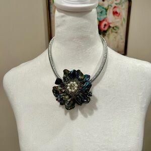 Silver and Blue Floral Necklace EUC
